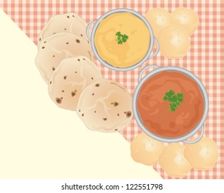 a vector illustration in eps 10 format of an indian breakfast meal including lentil dahl curry pooris and chapattis on a tablecloth with some blank space for text