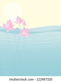 a vector illustration in eps 10 format of lotus blooms in water with seed head and buds under a yellow sun and sky with space for text