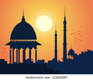a vector illustration in eps 10 format of a beautiful indian sunset with old architecture trees and birds flying in to roost under a bright orange sky