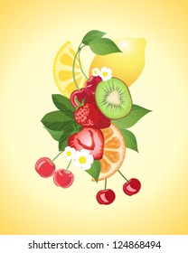 a vector illustration in eps 10 format of an abstract fruit arrangement with lemon strawberry kiwi orange and cherry and foliage on a sunny yellow background