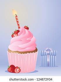 a vector illustration in eps 10 format of a strawberry birthday cupcake with a striped candle and flame on a blue background with wrapped gift