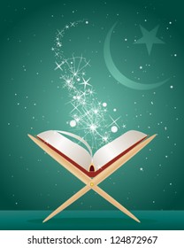 a vector illustration in eps 10 format of the holy koran on a stand open with light and sparkles in front of an islamic crescent moon and star and green background