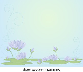 a vector illustration in eps 10 format of beautiful purple water lilies in abstract form with open flowers buds and lily pads on a swirly water background