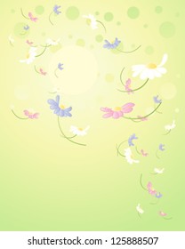 a vector illustration in eps 10 format of beautiful spring flowers scattered on a green yellow sunshine background with space for text