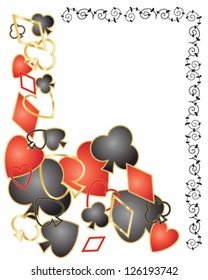 a vector illustration in eps 10 format of red and black playing card symbols with gold decoration scattered on a white background with space for text