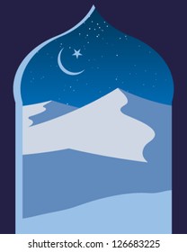 a vector illustration in eps 10 format of an islamic archway with a view across a night time desert with sand dunes stars and crescent moon in shades of blue