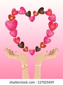 a vector illustration in eps 10 format of hands with pink nail polish below a valentine made up of decorative hearts on a pink background
