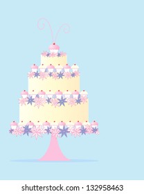 a vector illustration in eps 10 format of a fancy three tier celebration cake in a greeting card design with flowers and cupcakes on a baby blue background with space for text