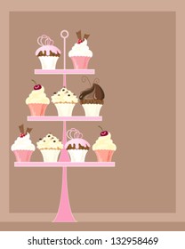 a vector illustration in eps 10 format of a pink cake stand with a selection of delicious decorated cupcakes on a chocolate background with space for text svg