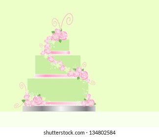 a vector illustration in eps 10 format of a three tier wedding cake greeting card design with lime green and pink theme and decorated with pink roses ribbon and swirls on a green background