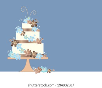 a vector illustration in eps 10 format of a three tier wedding cake greeting card design with blue and brown theme and decorated with matching blossom flowers on a duck egg blue background