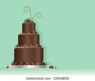 a vector illustration in eps 10 format of a celebration cake in a contemporary design with chocolate balls and mint leaves on a minty green background with space for text
