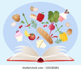 a vector illustration in eps 10 format of a recipe book with open pages and various food ingredients on a blue background
