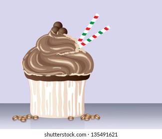 a vector illustration in eps 10 format of cappuccino flavored cupcake with frothy frosting chocolate decoration and stripey straws with scattered coffee beans