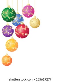 a vector illustration in eps 10 format of colorful christmas baubles decorated with gold design and snowflakes on a white background with space for text