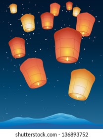 a vector illustration in eps 10 format of chinese sky lanterns with bright flames floating away into a starry night sky