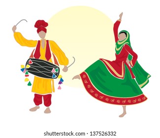 a vector illustration in eps 10 format of male and female bhangra dancers dressed in traditional clothes on a white background with a big yellow sun