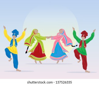 a vector illustration in eps 10 format of punjabi dancers performing a folk dance in traditional dress on a blue background with a big sun