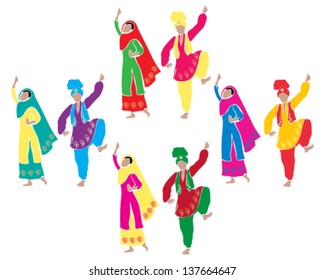 a vector illustration in eps 10 format of traditional punjabi bhangra dancing with four couples dressed in colorful costumes on a white background