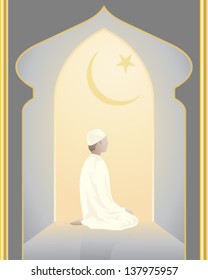 a vector illustration in eps 10 format of an islam devotee praying in a mosque in a lighted archway with star and crescent moon symbol