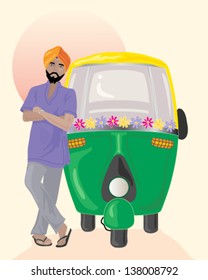 a vector illustration in eps 10 format of a sikh taxi driver with orange turban standing next to a decorated auto rickshaw under an indian sun