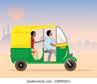 a vector illustration in eps 10 format of a tuk tuk taxi in india with driver and passenger in an urban setting in the evening