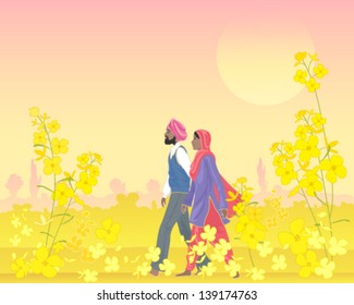 a vector illustration in eps 10 format of a punjabi couple dressed in traditional clothing walking through a bright field of mustard in the warm evening sunshine