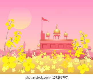 a vector illustration in eps 10 format of an ornate gurdwara at sunset in beautiful rural punjab with mustard flowers under a pink sky