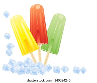 a vector illustration in eps 10 format of three colorful fruity ice lollies with tumbling ice cubes isolated on a white background