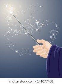 a vector illustration in eps 10 format of a wizards hand holding a magic wand with sparkles and stars on a dark blue background