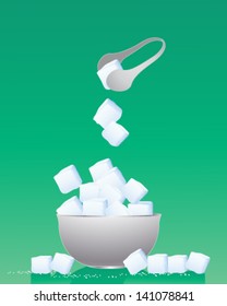 a vector illustration in eps 10 format of a bowl of sugar cubes with metal tongs and granules on a green background