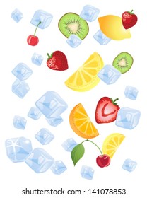 a vector illustration in eps 10 format of delicious fresh fruit tumbling down with ice cubes on a white background