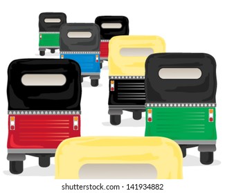 a vector illustration in eps 10 format of colorful auto rickshaws in a traffic jam on a white background