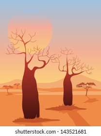 a vector illustration in eps 10 format of a two baobab trees in a desert african landscape with mountains and acacia underneath a setting sun