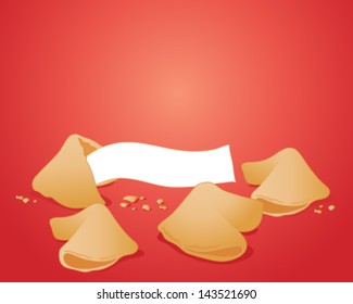 a vector illustration in eps 10 format of some delicious fortune cookies with crumbs and a white note for text on a rich red background