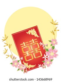 a vector illustration in eps 10 format of a chinese money envelope in red with gold motif surrounded by pink blossom and jasmine on a yellow sun background