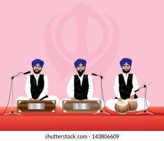 a vector illustration in eps 10 format of three traditionally dressed sikh temple musicians with blue turbans and black waistcoats on harmonium and tabla drums performing in a gurdwara