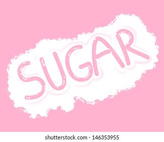 a vector illustration in eps 10 format of a sprinkle of sugar granules with the word sugar written by a finger on a pink background