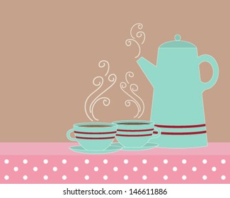 a vector illustration in eps 10 format of a coffee pot with two matching cups and saucers in vintage jade brown pink and red and space for text