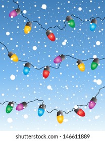 a vector illustration in eps 10 format of a colorful set of christmas fairy lights with a snowy background