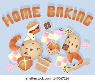 a vector illustration in eps 10 format of a home baking background image with various cakes and cookies on a blue gray background with biscuit letters