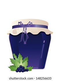 a vector illustration in eps 10 format of a jar of home made organic blackcurrant jam with a hessian lid fruit decoration and bow isolated on a white background