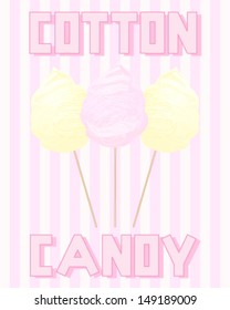 a vector illustration in eps 10 format of a vintage advert for cotton candy in pink and yellow on a stripey background