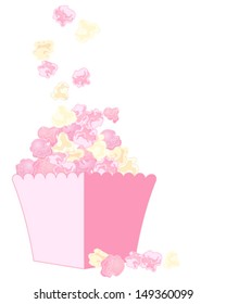 a vector illustration in eps 10 format of delicious fresh pink and white popcorn in a carton isolated on a white background