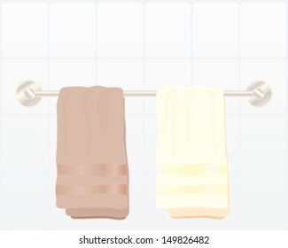 a vector illustration in eps 10 format of a metallic contemporary towel rail with coffee and cream color towels in front of a pale tiled wall