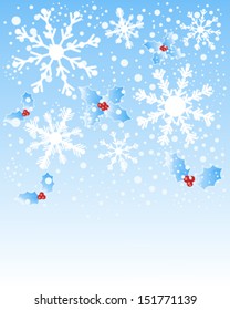 a vector illustration in eps 10 format of a christmas greeting card with fancy snowflakes and festive holly on a blue background with space for text