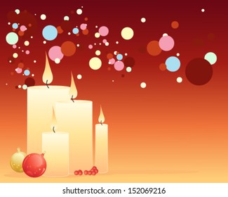a vector illustration in eps 10 format of a group of candles with berries baubles and colorful lights on a warm red background