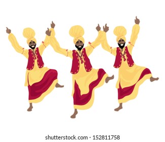 a vector illustration in eps 10 format of three punjabi men performing a bhangra dance in colorful red and yellow traditional dress on a white background