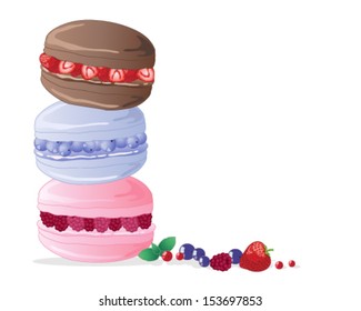 a vector illustration in eps 10 format of three macaroons filled with strawberries blueberries and raspberries in a tower stack on a white background