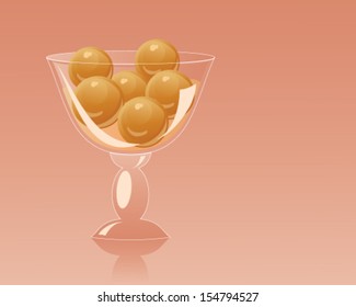a vector illustration in eps 10 format of a fancy glass dessert bowl with delicious gulab jamun on an orange red background